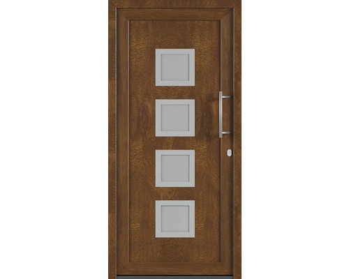 Vchodové dveře se čtyřmi čtvercovými skleněnými vložkami a madlem