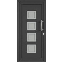 Šedé vchodové dveře se čtyřmi čtvercovými skleněnými výplněmi a kovovou klikou.