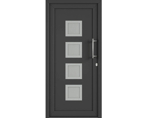 Šedé vchodové dveře se čtyřmi čtvercovými skleněnými výplněmi a kovovou klikou.