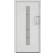 Bílé vchodové dveře se skleněnou vložkou a klikou