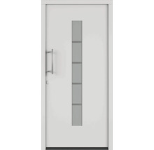 Bílé vchodové dveře se skleněnou vložkou a kovovou rukojetí