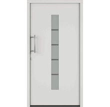 Bílé interiérové dveře se svislou skleněnou vložkou a klikou