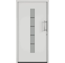 Bílé vchodové dveře se skleněnou vložkou a klikou