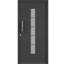 Šedé vchodové dveře se skleněnou vložkou a madlem z nerezové oceli