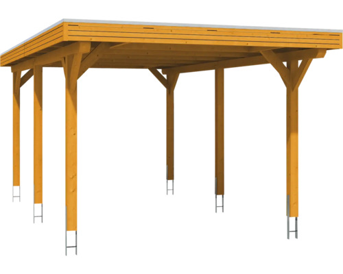 Dřevěný carport s plochou střechou a kovovými patkami sloupků