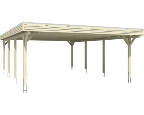 Dřevěný carport s plochou střechou a podpěrnými sloupky