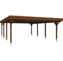 Dřevěný carport s plochou střechou a několika podpůrnými sloupky