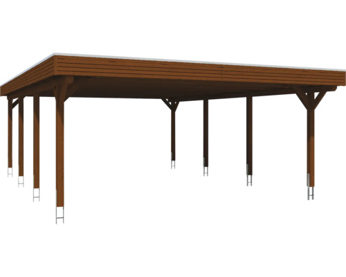 Dřevěný carport s plochou střechou a několika podpůrnými sloupky