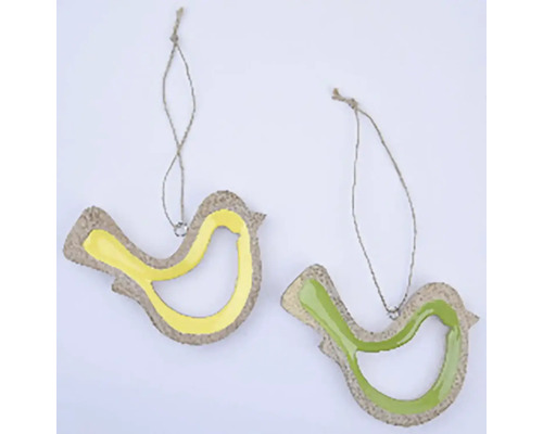 Dekorace závěsný ptáček mangové dřevo 13 x 12 x 1,5 cm, různé druhy Dva dekorativní ptáčci k zavěšení z přírodních vláken