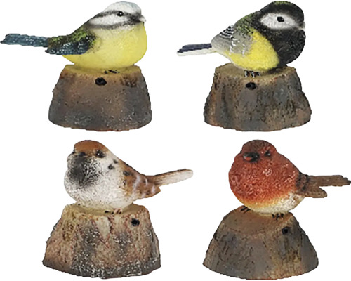 Čtyři ozdobní zahradní ptáci na pařezech