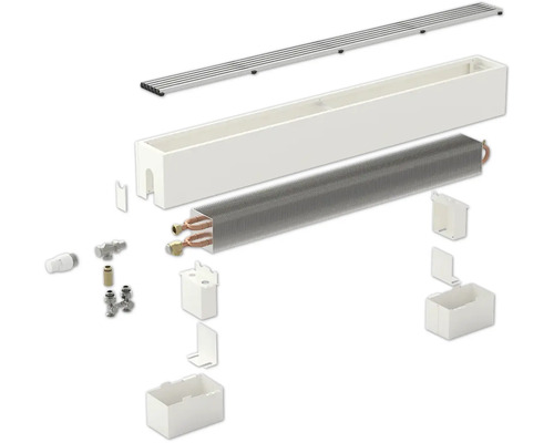 Rozložený pohled na sestavu radiátorového konvektoru s krytem, pouzdrem, registrem a příslušenstvím
