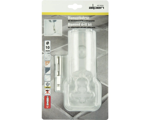 Diamantový vrták Alpen 10 mm s vrtací šablonou a systémem vodního chlazení