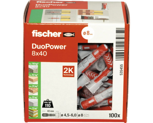 Hmoždinky Fischer DuoPower 8x40, 100 kusů v balení