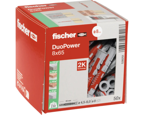 Hmoždinky Fischer DuoPower 8x65 v krabici, 50 kusů