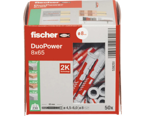 Hmoždinky Fischer DuoPower 8x65, 50 kusů