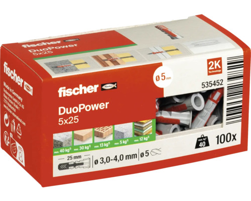 Hmoždinky Fischer DuoPower 5x25 v balení po 100 kusech