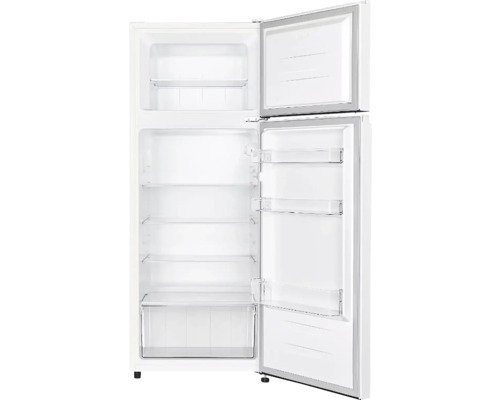 Otevřená chladnička s policemi a zásuvkou na zeleninu