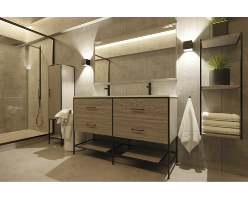 Světlá koupelna s umyvadlem, zrcadlem, regálem a sprchou