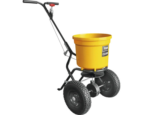 Rozmetadlo s žlutou nádobou a dvěma koly