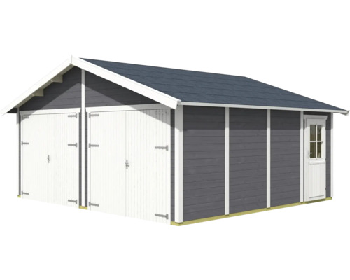 Velká dřevěná garáž s dvoukřídlými dveřmi a bočními dveřmi pro venkovní použití