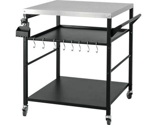 Grilovací stůl s nerezovou deskou, háčky a kolečky