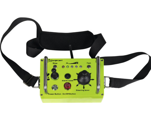 Žlutá ovládací jednotka s popruhem, regulací rychlosti, poplachem a řídicí pákou.