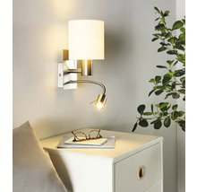 Nástěnná lampa s látkovým stínidlem a flexibilním ramenem na čtení nad nočním stolkem