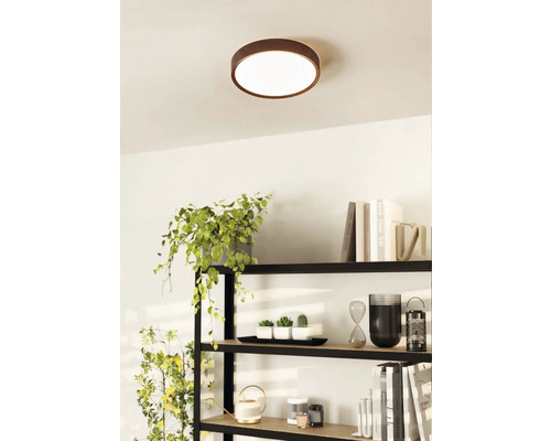 Stropní svítidlo s kulatým stínidlem na stropě nad policí