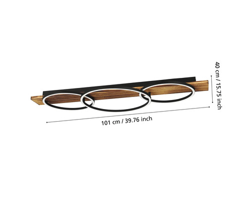 Stropní svítidlo se třemi kruhy, dřevem a rozměry 101 x 40 centimetrů
