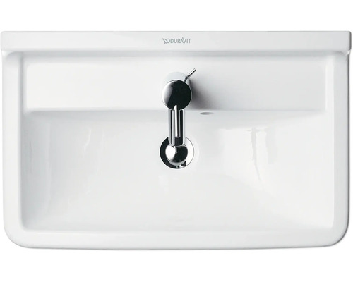 Pohled shora na bílé keramické umyvadlo s chromovanou baterií a logem Duravit
