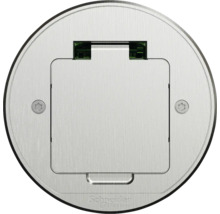 Logo společnosti Schneider Electric na kulaté podlahové zásuvce