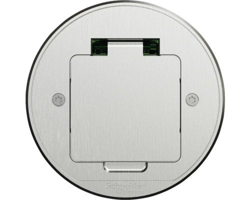 Logo společnosti Schneider Electric na kulaté podlahové zásuvce