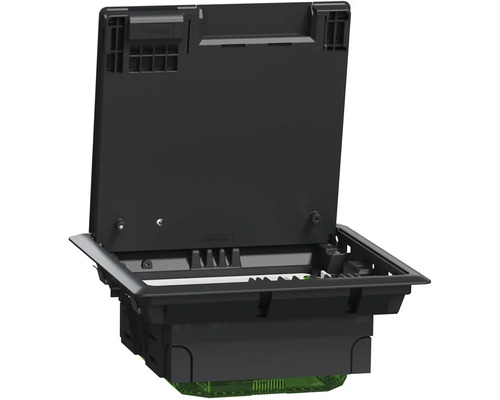 Podlahová krabice s otevřeným víkem pro elektroinstalaci