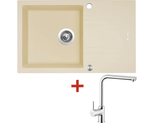 Granitový dřez s baterií LINEA 780 XC 480 x 780 mm sahara G4650XC + baterie Elka Béžový kuchyňský dřez s odkapávací plochou a baterií