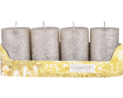 Svíčky adventní rustikální d5x8 cm 4 ks metalické měděné Čtyři stříbrné sloupové svíčky v balení