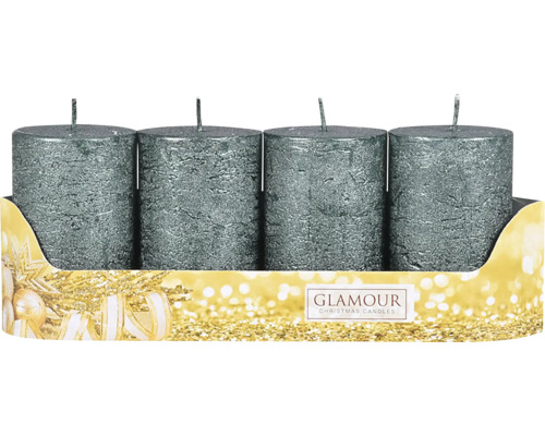 Adventní svíčky rustikální Ø5 x 8 cm 4 ks metalické zelené Čtyři šedé sloupové svíčky ve slavnostním balení