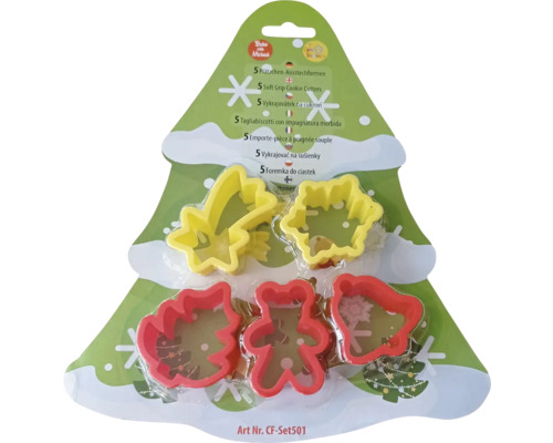 Pět vykrajovátek na cukroví ve tvaru padající hvězdy, hvězdy, stromu, medvídka a zvonku