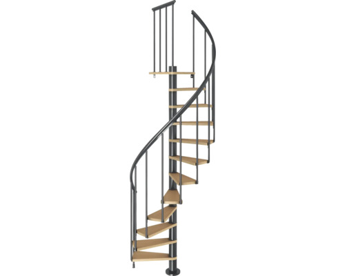 Točité schodiště s kovovým zábradlím a dřevěnými schody