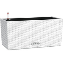 Obdélníkový květináč z plastu se zavlažovacím systémem a logem Lechuza.