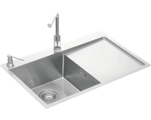 Dřez s odkapávací plochou, baterií a dávkovačem mýdla