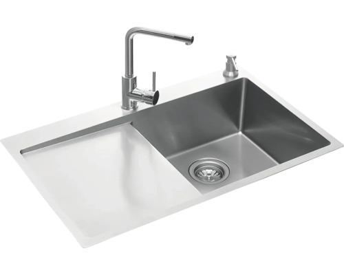 Nerezový dřez s odkapávací plochou a baterií