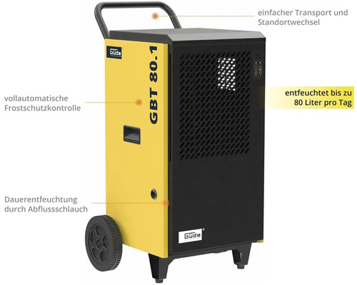 Žlutý a černý odvlhčovač Güde s kolečky a rukojetí