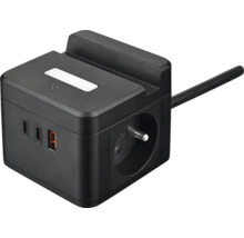 Černá zásuvková kostka s USB porty a držákem zařízení