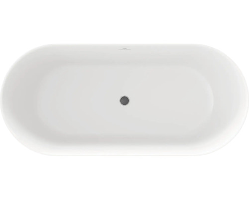 Oválná volně stojící vana s odtokem uprostřed.
