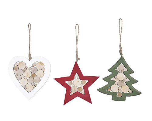 Ozdobné dřevěné přívěsky ve tvaru srdce, hvězdy a vánočního stromku