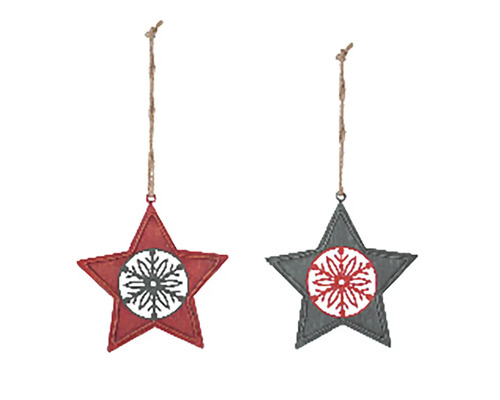 Závěs hvězda s vločkou, kov, červená 9 cm 1 ks, různé druhy Dvě hvězdy se vzorem sněhové vločky k zavěšení