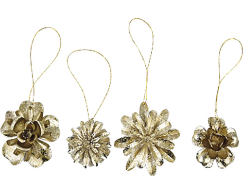 Ozdoby vánoční, kov, zlatá 1 ks, různé druhy Čtyři květinové ozdoby se zlatými závěsy