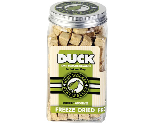 Pamlsky pro psy a kočky Kiwi Walker mrazem sušené kachna 115 g Kiwi Walker kachní kostky pamlsek pro kočky a psy ve sklenici