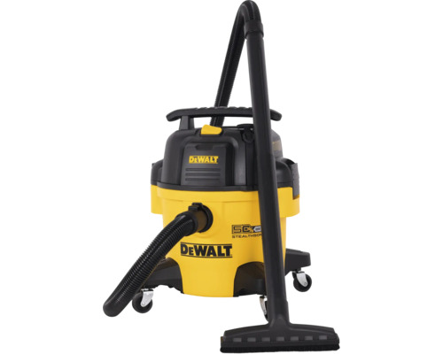 Vysavač na mokré a suché vysávání s logem DeWalt s kolečky a hadicí