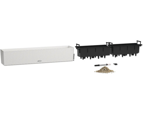 Truhlík se zavlažovacím systémem, vložkami pro rostliny, ukazatelem hladiny vody a rostlinným granulátem